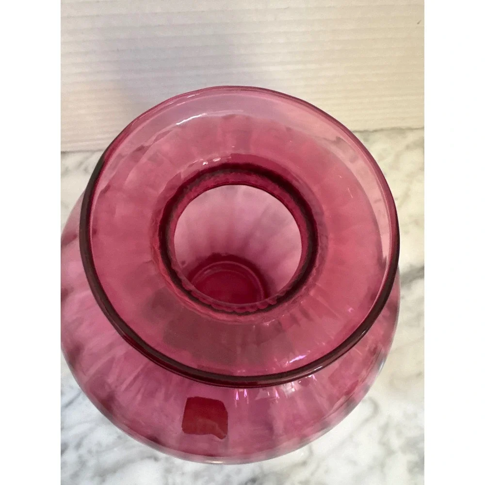 Pilgrim Glass Cranberry Pink Optic Ribbed Bulbous Vase Handblown West Virginia